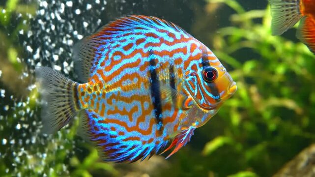 Vibrant orange blue discus fish swimming in a freshwater aquarium