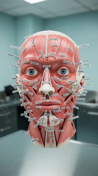 Detailed anatomical model video footage clearly displays labeled human facial musculature for educational study and review