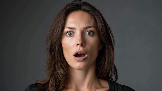 Surprised woman reacting with wide eyes and open mouth expressing shock on gray studio background