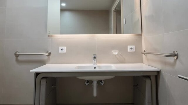 Medium shot focusing on a rollunder sink area with clear space beneath designed for wheelchair accessibility and ergonomic reach.