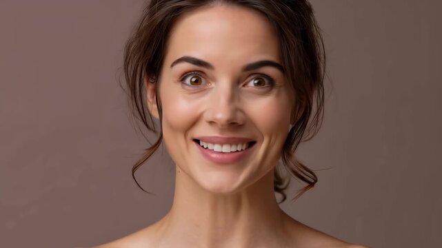 Amazed woman opening eyes after surprise expressing delight on brown studio background