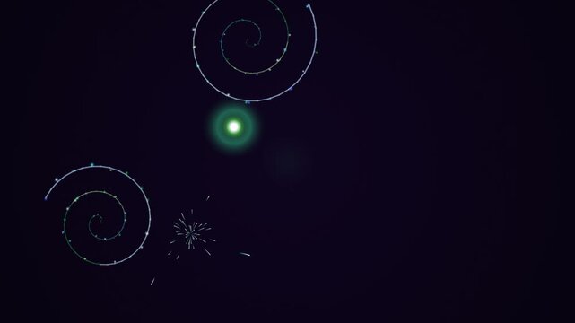 Vibrant green light nucleus surrounded by elegant swirling particle patterns on a dark canvas