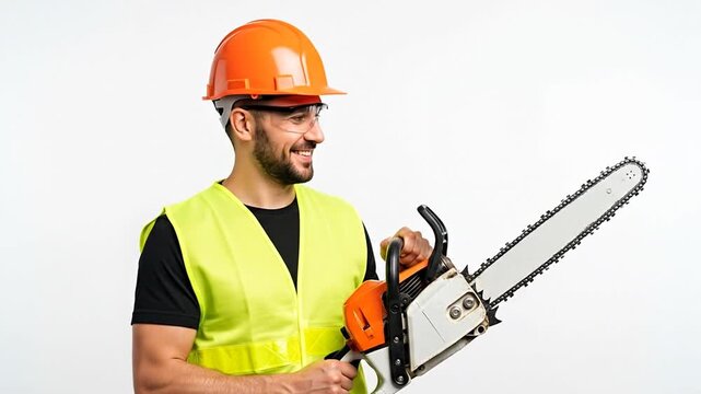Safety First: A construction worker in a hard hat and protective vest confidently holds a chainsaw, ready for the day's work with a smile.