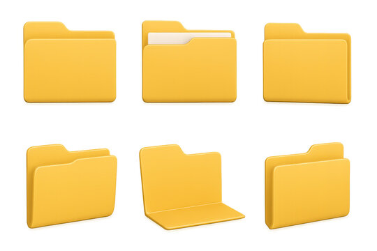 Six yellow file folder icons shown in various open and closed positions on a transparent background