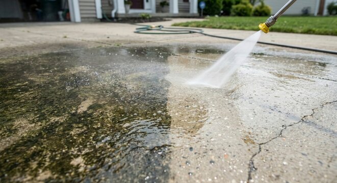 Pressure Washing Residential Driveway Showing Before and After Cleaning Contrast