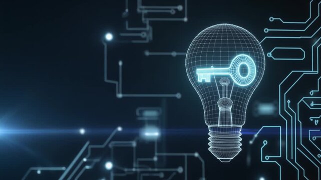 Glowing lightbulb with key inside on circuit board background represents innovation and solution