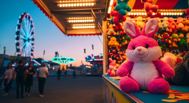 Pink stuffed rabbit toy on carnival game prize counter with colorful plush toys, vibrant neon lights, and Ferris wheel in background during twilight at amusement park