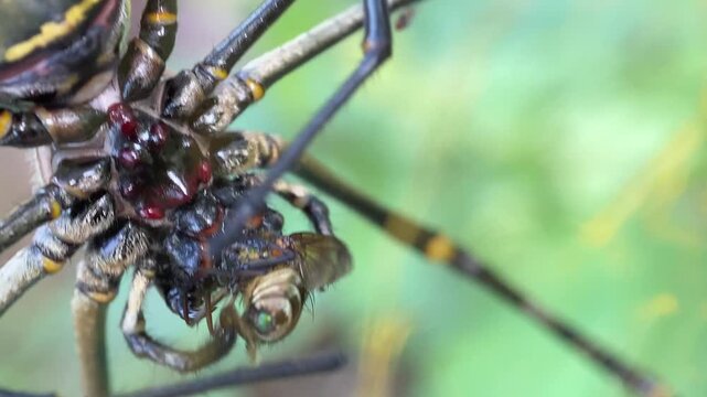 Golden Orb Weaver Spider Feeding on Fly Macro Close-Up