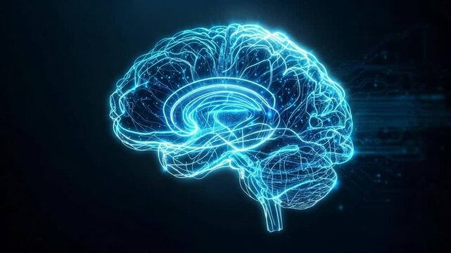 Glowing blue digital brain illustration on a dark background. Shows cerebral structures and connections