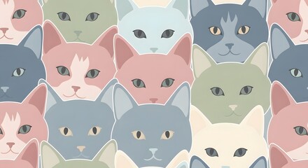 Cute pastel cat faces seamless pattern in muted blue pink green and cream for playful design