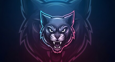 Fierce black cat head with neon blue and pink glowing outline, sharp angular shapes, aggressive expression, gaming logo