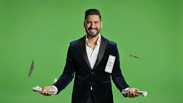 Joyful man throwing money in air celebrating financial success on green screen