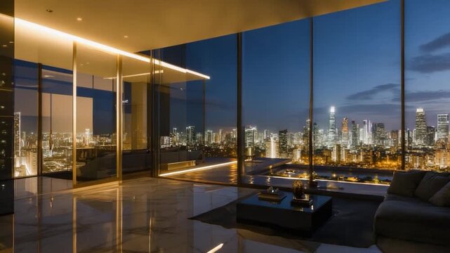 Luxury penthouse interior with city skyline view at dusk, showcasing modern design and spaciousness