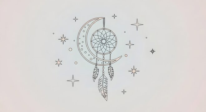 Bohemian dreamcatcher with crescent moon and stars in dark line art on a plain light blue background