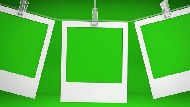 Three hanging polaroid photo frames with green screen for customizable content display