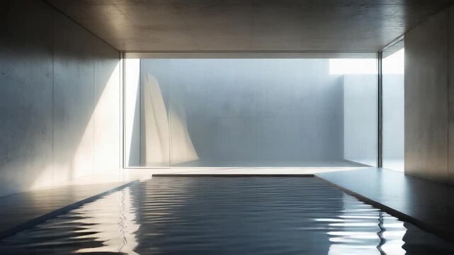 Modern minimalist interior with a pool of water reflecting light and shadow