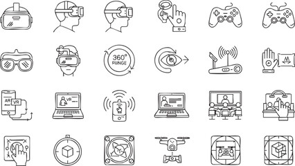 Virtual Reality (VR) and Augmented Reality (AR) Technology Icon Set - Metaverse Simulation, Immersive Hardware, and Digital Interface Line Art Vector