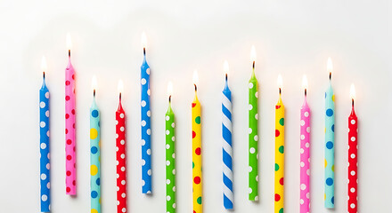 A row of colorful birthday candles with lit flames on a plain white surface viewed from directly above