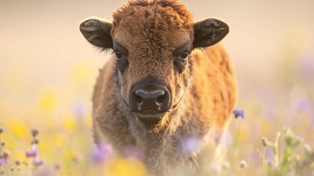 Baby-Bison im hellen Bl&uuml;tennebel
