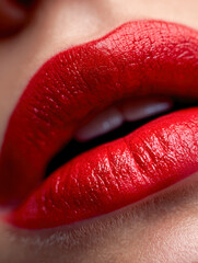 Obraz premium Vibrant glossy red lips with detailed texture in a sensual close-up showing natural skin and subtle teeth glimpse