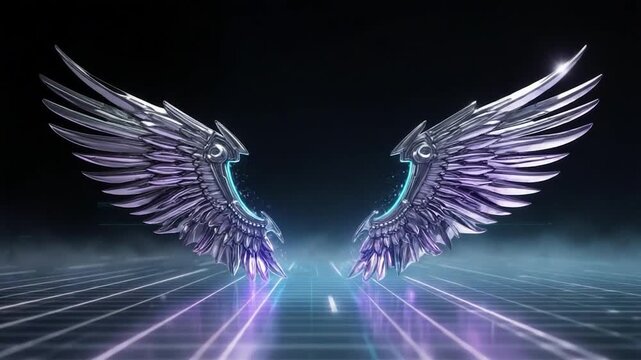 Two stylized, metallic wings, emanating from centers, hover over a glowing grid in a dark space