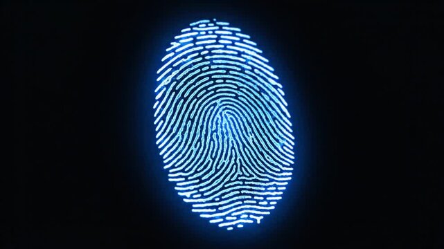 Abstract glowing blue fingerprint pattern on black background, digital security concept