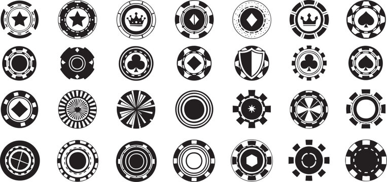 Professional Casino Poker Chip Icon Set - Gambling Tokens, Luxury Betting Markers, and Game Night Graphic Elements Solid Black Vector
