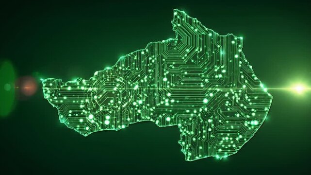Glowing green circuit board map against a dark green backdrop with light flare, abstract tech