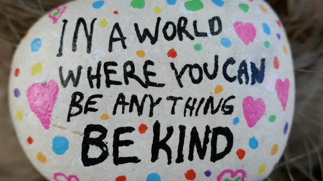 In a world where you can be anything be kind kindness rock close-up video