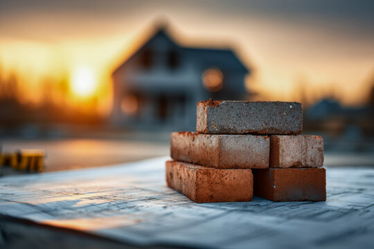 Stack of rustic bricks placed on architectural blueprints with a blurred residential house and warm sunset in the background symbolizing home construction planning