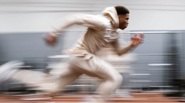 Young athlete sprinting in beige hoodie with motion blur effect. Energetic atmosphere of speed and determination. Perfect for sports motivation, fitness ads, or urban lifestyle content.