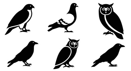 Fototapeta premium Diverse Bird Silhouettes Collection: Hawk, Pigeon, Owl, and Crow Icons