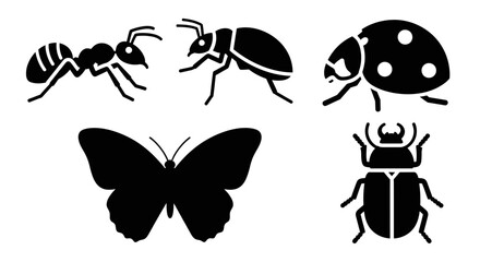 Diverse Insect Silhouettes Collection: Ant, Butterfly, Beetles Icons Set
