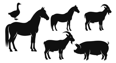 Obraz premium Farm Animals Silhouettes Collection: Goose, Horses, Goat, Pig, and Ram