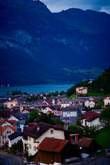 Fototapeta premium Unterterzen in der Gemeinde Quarten am Südufer des Walensees, Kanton St. Gallen
