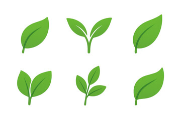 Fototapeta premium Set of six simple green leaf icons and sprout illustrations on a transparent background, flat minimalist botanical clipart for eco, nature, and organic designs