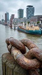 Fototapeta premium Close-up of heavy rusty metal chain links on a wooden bollard. The Hamburg city skyline and ships are in the blurred background. Industrial nautical atmosphere. Great for travel or maritime themes.