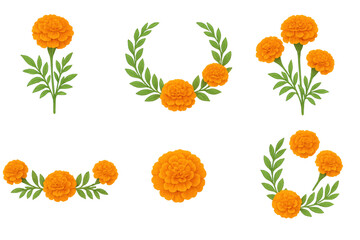 Bright orange marigold flower arrangements and wreaths on transparent background, showing individual blooms, clusters, garlands and laurel-style green leaf accents