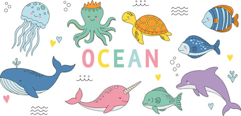 Set of Kawaii Ocean Animal Characters Featuring Blue Whale Octopus Sea Turtle and Narwhal Vector Illustrations for Kids Nursery Decor