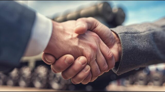 Negotiation on Missile Installation Site With Significant Handshake in Front of Military Equipment