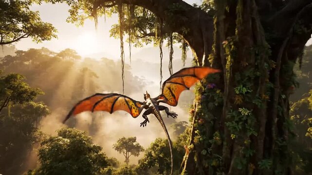 Fantasy winged lizard flying through lush jungle with golden sunlight
