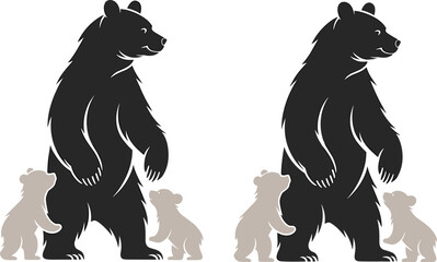 Silhouettes of a large bear with two cubs standing upright, symbolizing wildlife family bonding, nurturing relationships, and animal behavior in nature through vector illustration design. © Masud