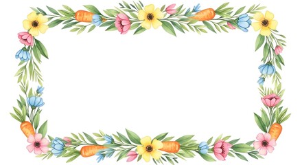 Fototapeta premium Watercolor floral wreath border with colorful flowers and leaves