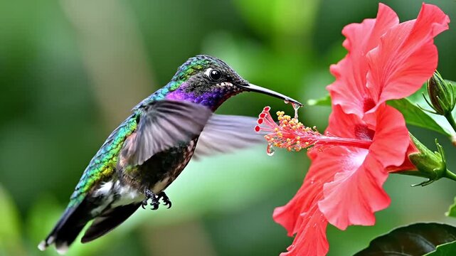 Iridescent hummingbird hovers while drinking nectar from red tropical flower