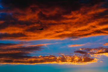 Fototapeta premium Bird silhouetted against dramatic orange mexican sunset clouds