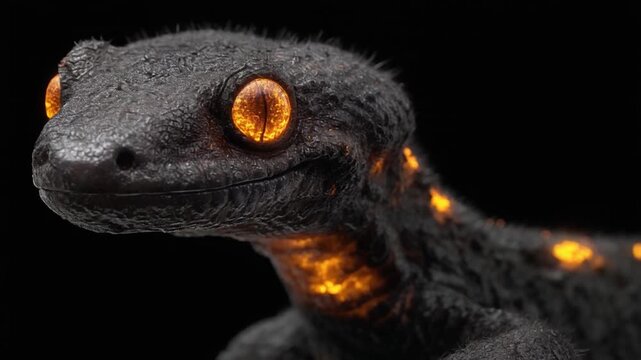Close-up of a reptile-like creature with fiery orange eyes and glowing markings on a dark background