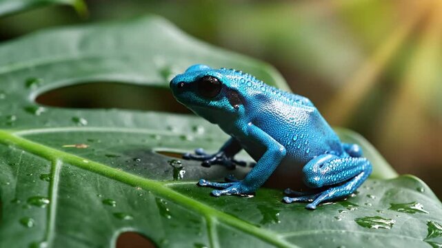 Vibrant blue poison dart frog on wet green leaf