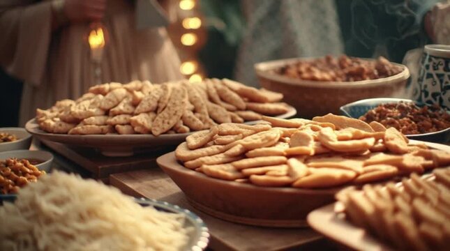 Eid al Fitr celebration with traditional Eid food and Eid feast, Muslim celebration, halal food, and warm lighting on a festive table.