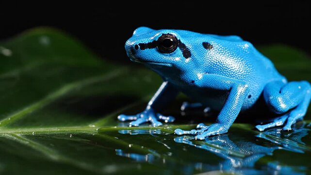 Vibrant blue poison dart frog on wet green leaf