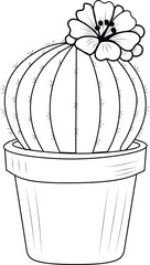 Black and white line of a potted cactus with a flower